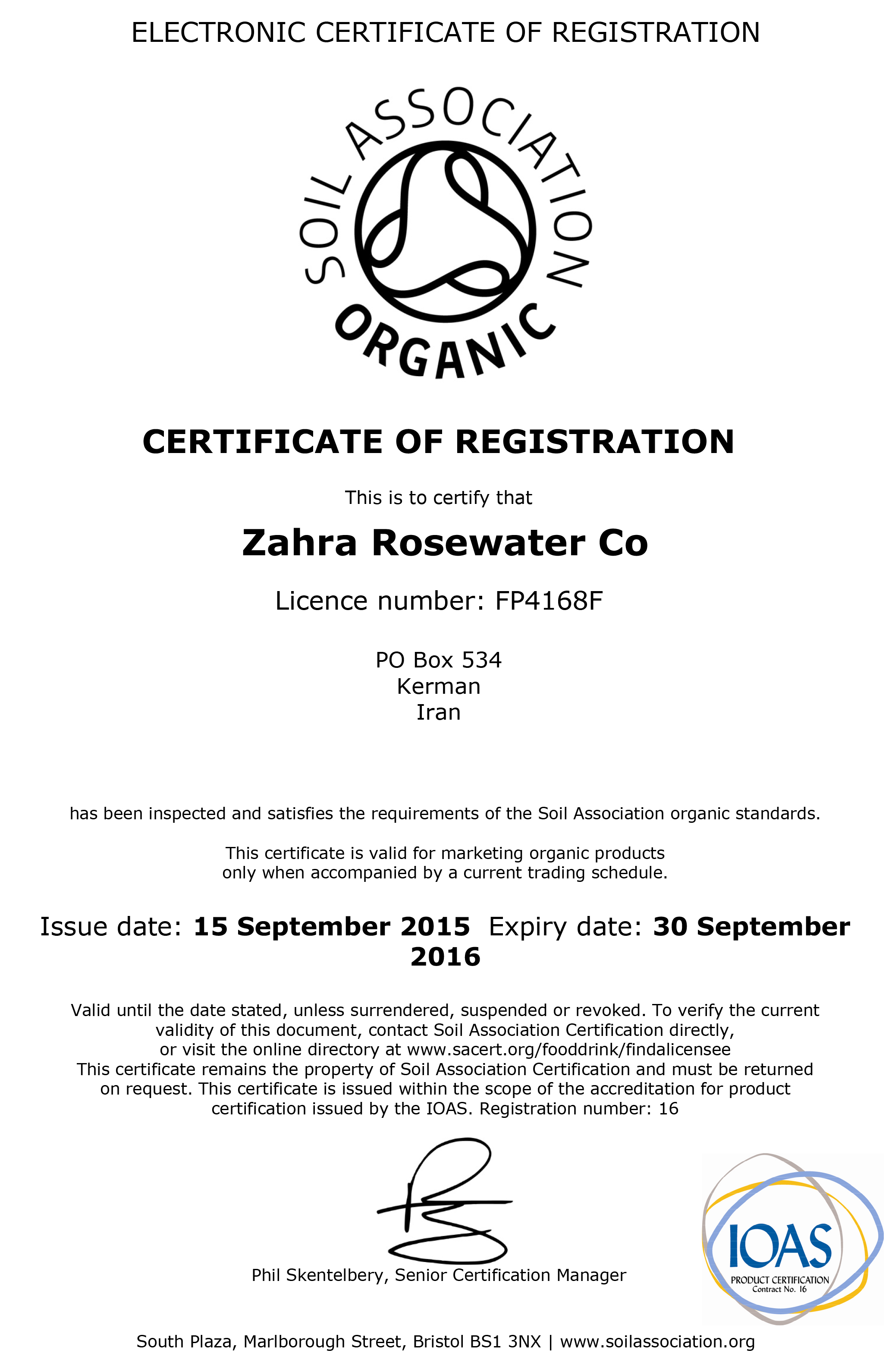 Certificate From British Soil Association Zahra Rosewater Company